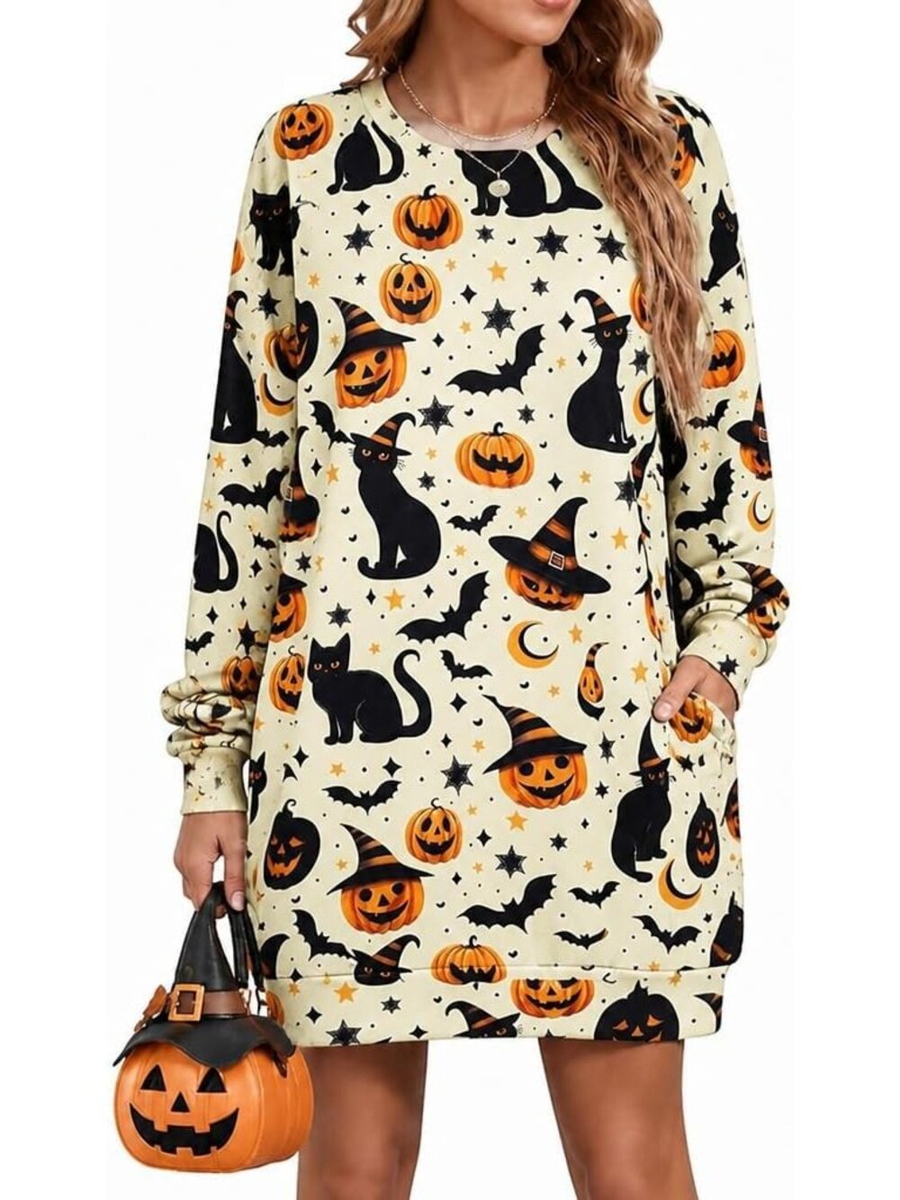🆕 Women's Halloween Pumpkin & Black Cat Crewneck Sweatshirt Dress with Pockets